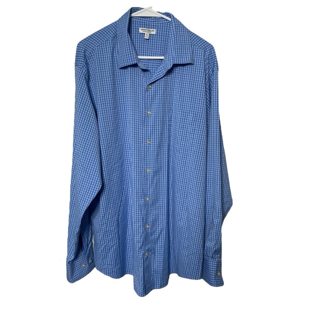 Peter Millar Summer Comfort Button Down Shirt Men's XL Long Sleeve Blue Checked